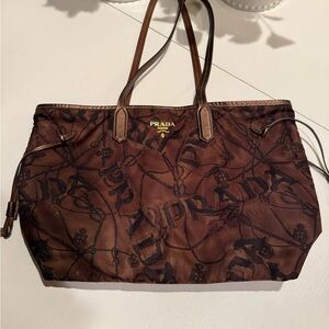 Prada Dark Brown nylon-Vintage all over print Logo Tote